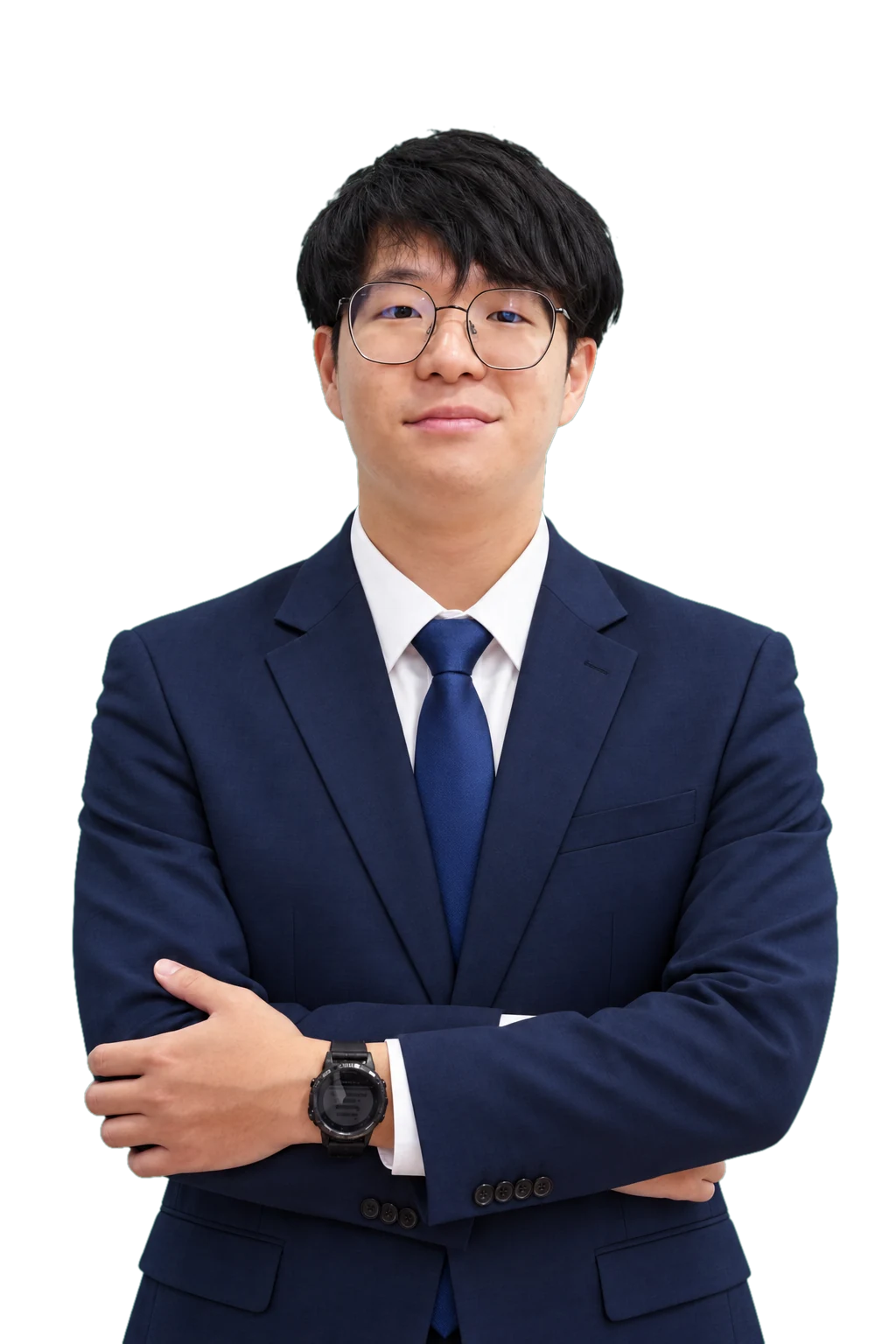 Sirawich Chaiparnich in a navy suit and tie, arms crossed